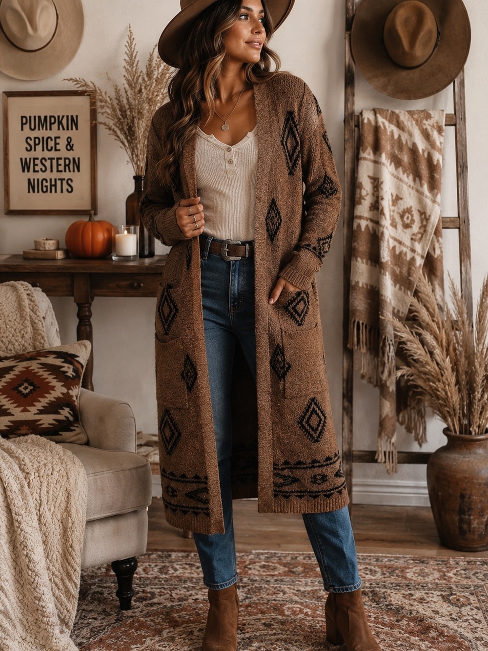 No Boundaries Aztec Southwestern Duster Cardigan Brown Black Boho Western XS